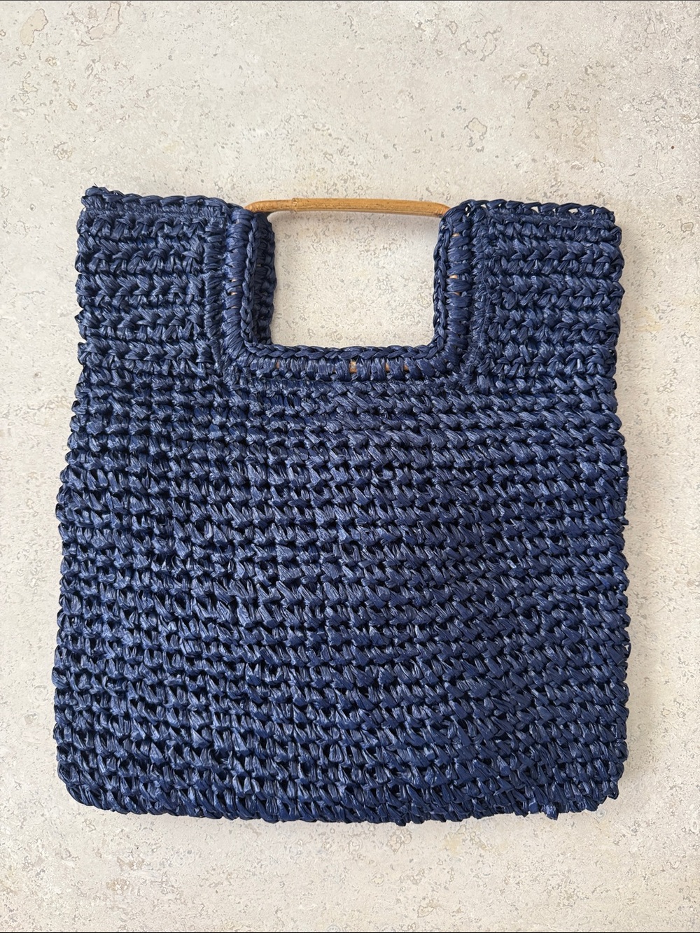 Handwoven Navy Straw Tote Bag with Wooden Handles